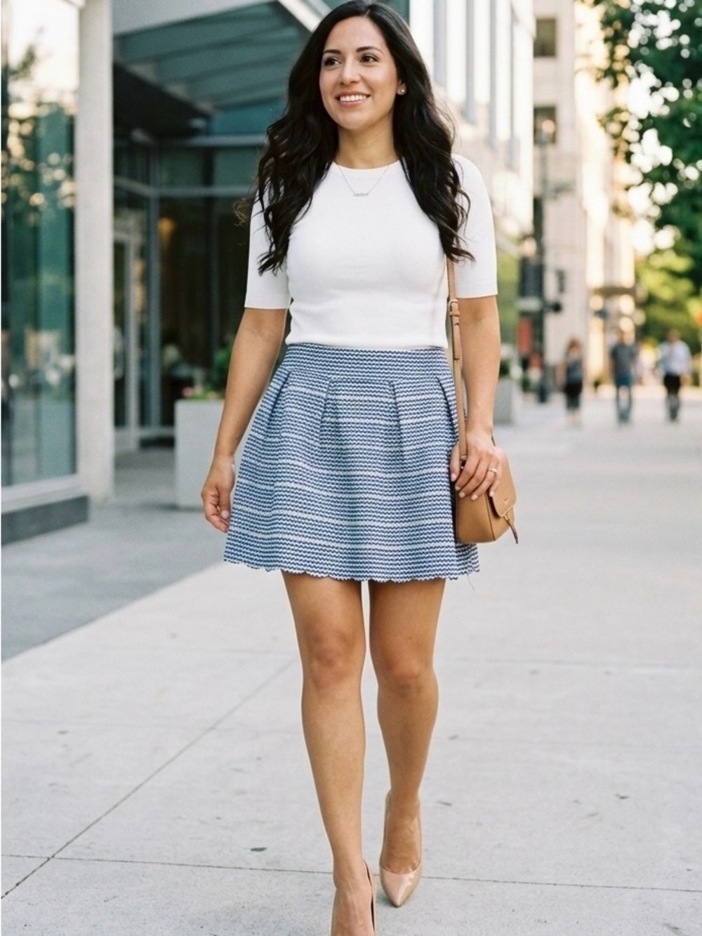 LMT: Tacera Pleated Flare Mini Skirt Scalloped Hem Blue White Stripe